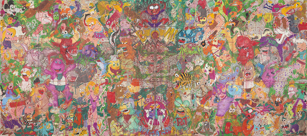 Camilo Restrepo. <em>A Land Reform 14</em>, 2017. Ink, water-soluble wax pastel, tape, newspaper clippings, glue and saliva on paper, 41 x 93 1/2 inches  (104.1 x 237.5 cm)