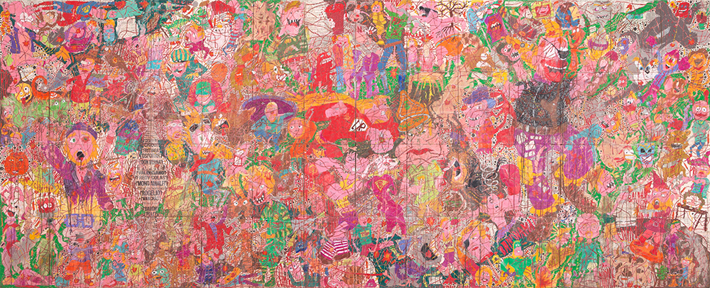 Camilo Restrepo. <em>A Land Reform 17</em>, 2019. Ink, water-soluble wax pastel, tape, stickers, newspaper clippings, glue and saliva on paper, 46 3/4 x 115 3/4 inches (118.7 x 294 cm)
