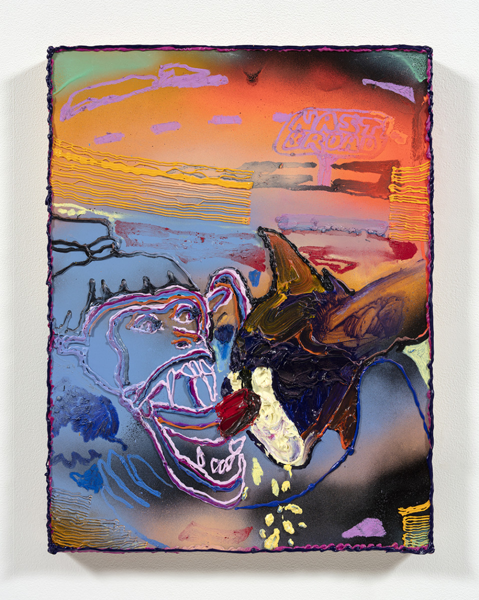 Bianca Fields. <em>Doing too much</em>, 2022. Acrylic, oil, and spray paint on yupo paper mounted on panel, 24 x 18 inches  (61 x 45.7 cm)