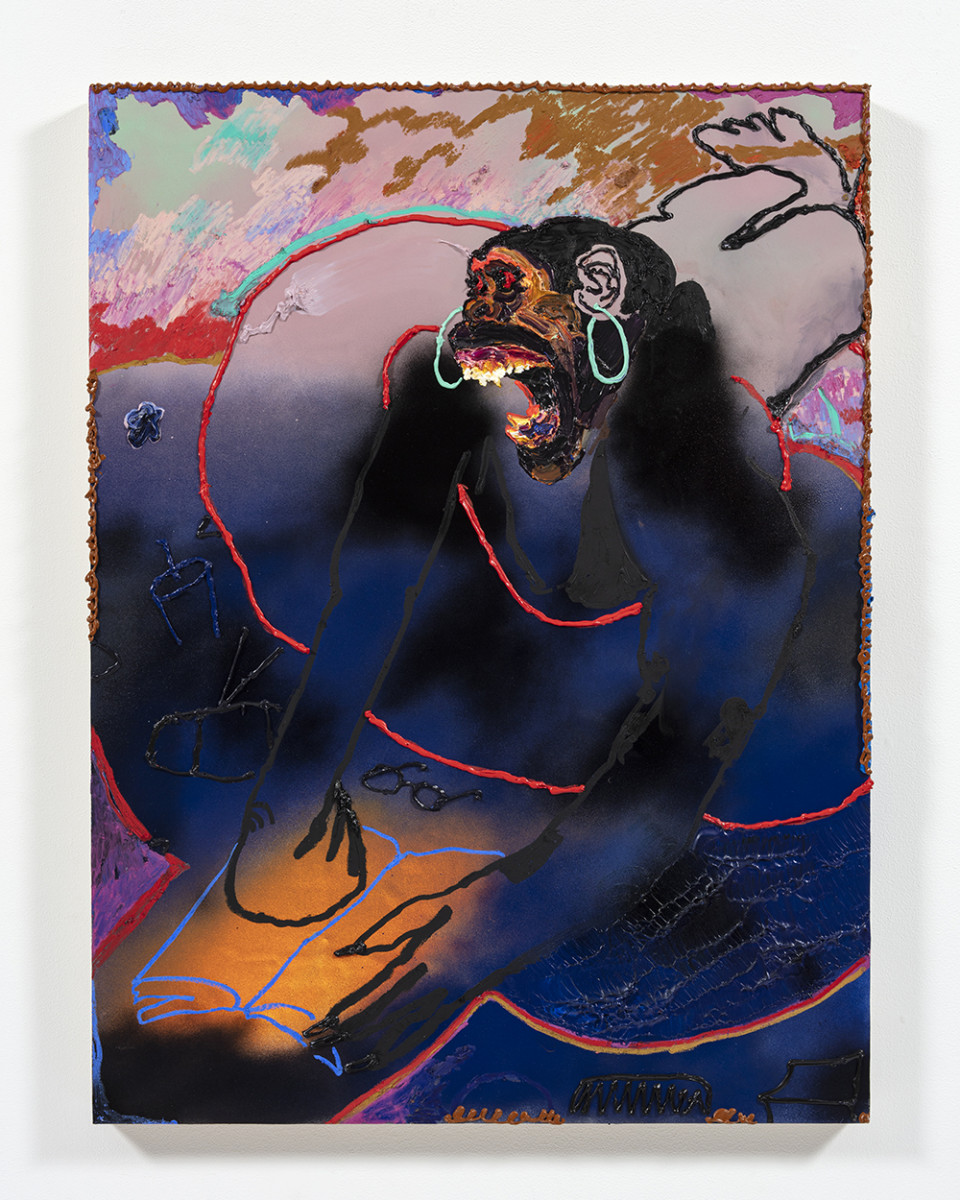 Bianca Fields. <em>Not the Vacation Girl</em>, 2022. Acrylic, oil, and spray paint on yupo paper mounted on panel, 40 x 30 inches (101.6 x 76.2 cm)