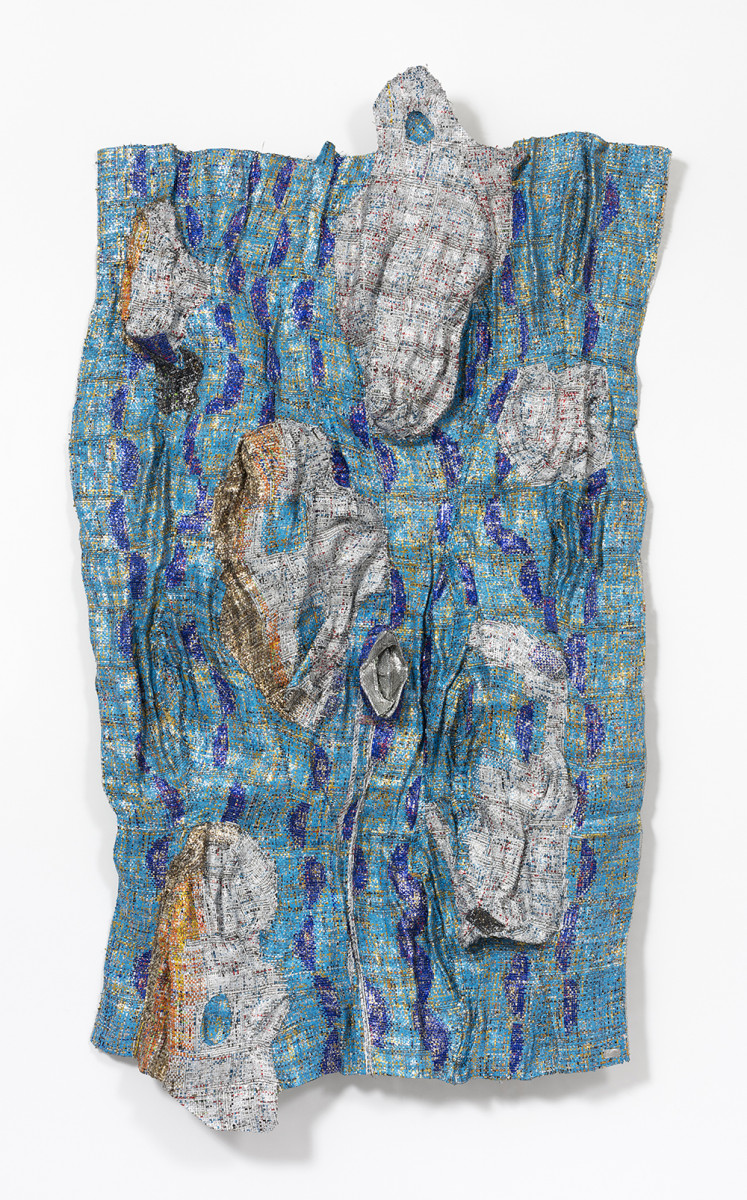 Dickens Otieno. <em>Topography (Tide)</em>, 2022. Shredded aluminum cans woven on galvanized steel mesh, 114 x 68 x 8 inches (289.6 x 172.7 x 20.3 cm)