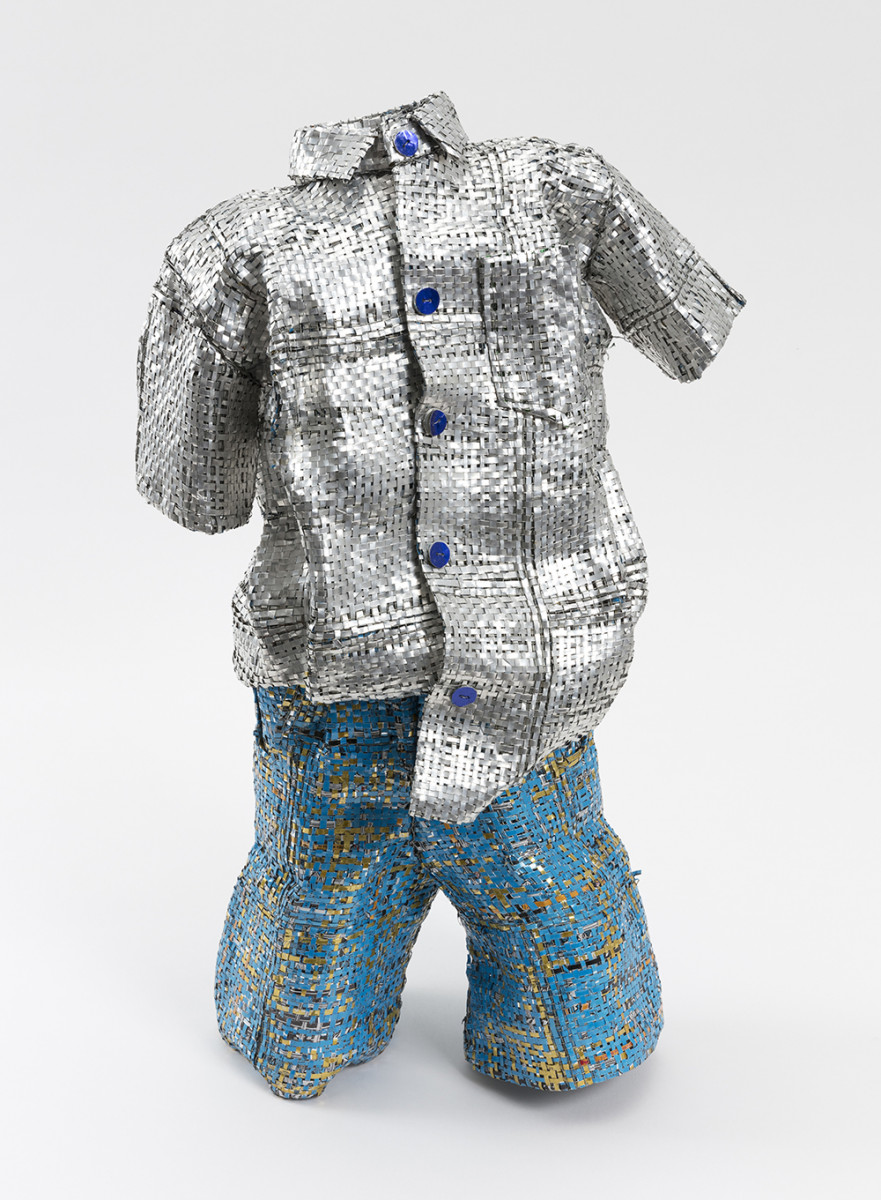 Dickens Otieno. <em>School Uniform (Ongeti Primary)<.em>, 2022. Shredded aluminum cans woven on galvanized steel mesh, 27 1/2 x 17 x 10 inches (69.9 x 43.2 x 25.4 cm)
