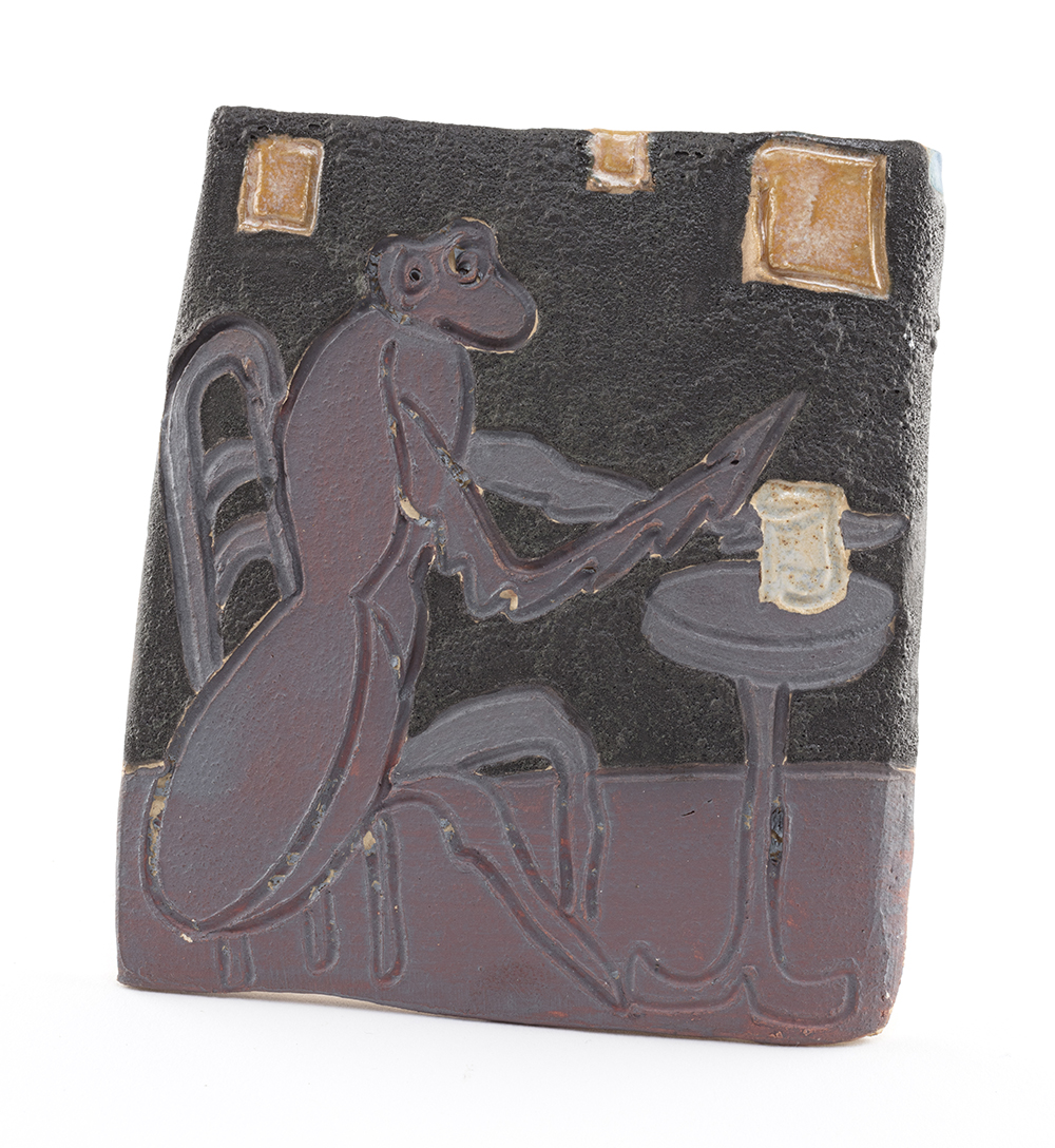 <em>Praying Mantis in Cafe with Crawling Background</em>, 2022. Glazed ceramic, 4 1/2 x 4 inches (11.4 x 10.2 cm)