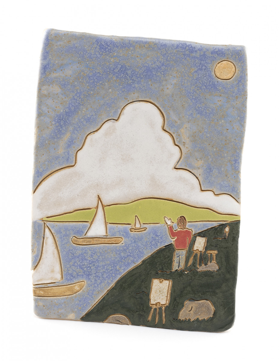 Kevin McNamee-Tweed. <em>Plein Air Painter with Three Easels and Three Sailing Ships</em>, 2022. Glazed ceramic, 5 3/4 x 4 1/4 inches (14.6 x 10.8 cm)