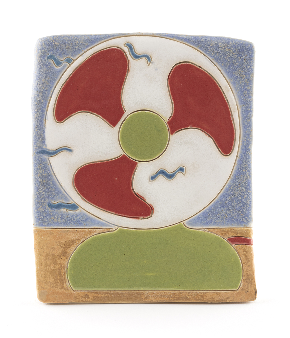 <em>Electric Fan (Green and Red)</em>, 2022. Glazed ceramic, 5 1/4 x 4 1/4 inches (13.3 x 10.8 cm)