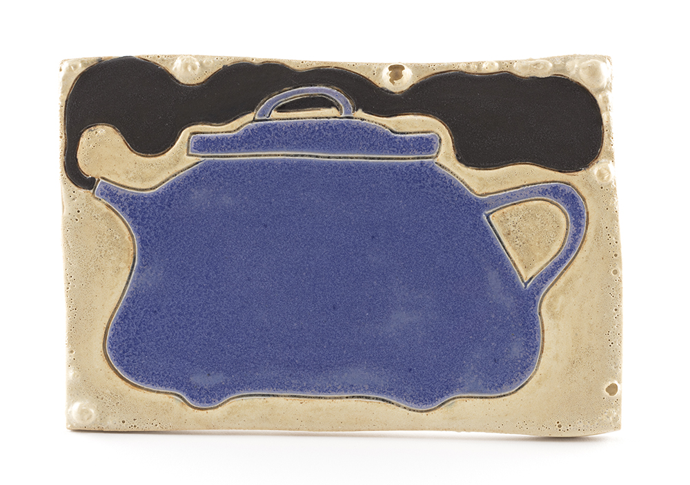 <em>Tea Pot with Steam (Bubbling Background)</em>, 2022. Glazed ceramic, 4 x 5 1/2 inches (10.2 x 14 cm)
