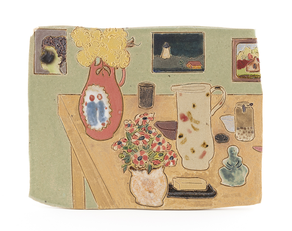 <em>Table Corner (Vessel Accumulation, Butter, and Toulouse-Lautrec’s Green Woman)</em>, 2022. Glazed ceramic, 5 1/4 x 6 5/8 inches (13.3 x 16.8 cm)