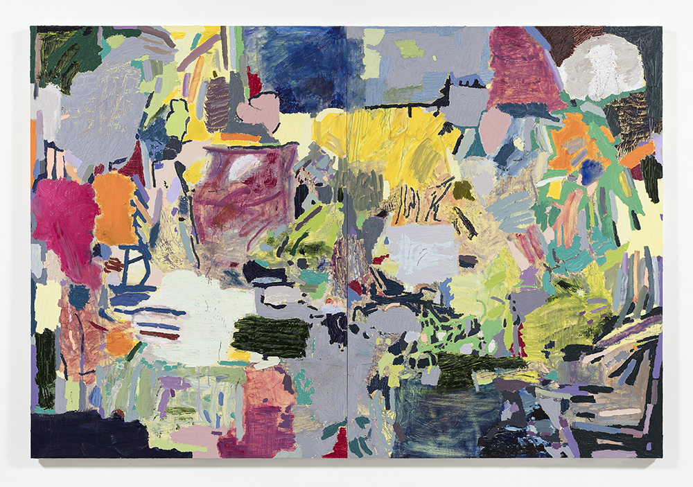 <em>Untitled</em>, 2022. Oil on panel, 86 3/4 x 126 inches (220.3 x 320 cm) Diptych