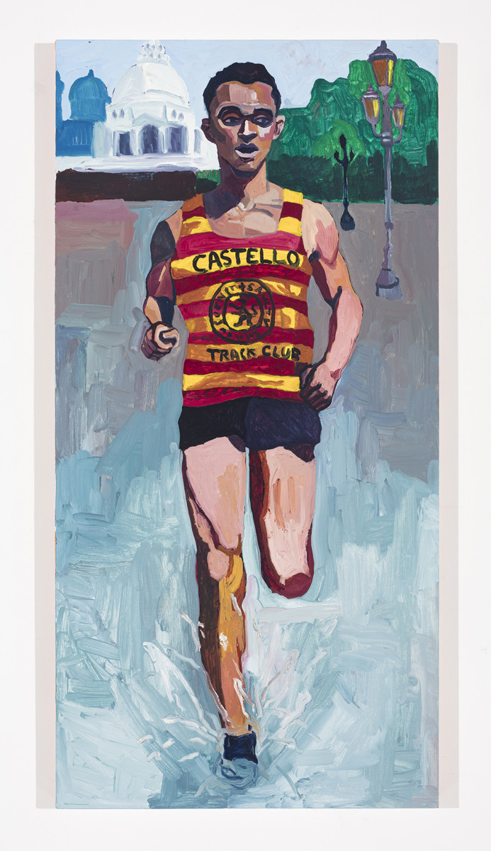 <em>Home Stretch of a Flooded Venice Marathon</em>, 2022. Oil on canvas, 48 x 24 inches (121.9 x 61 cm)