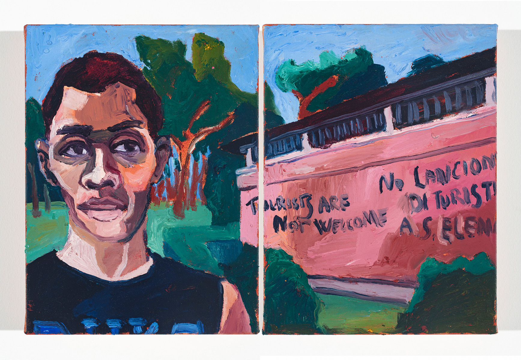 <em>Tourists Are Not Welcome on Sant Elena</em>, 2022. Oil on canvas, 12 x 18 inches (30.5 x 45.7 cm) Diptych