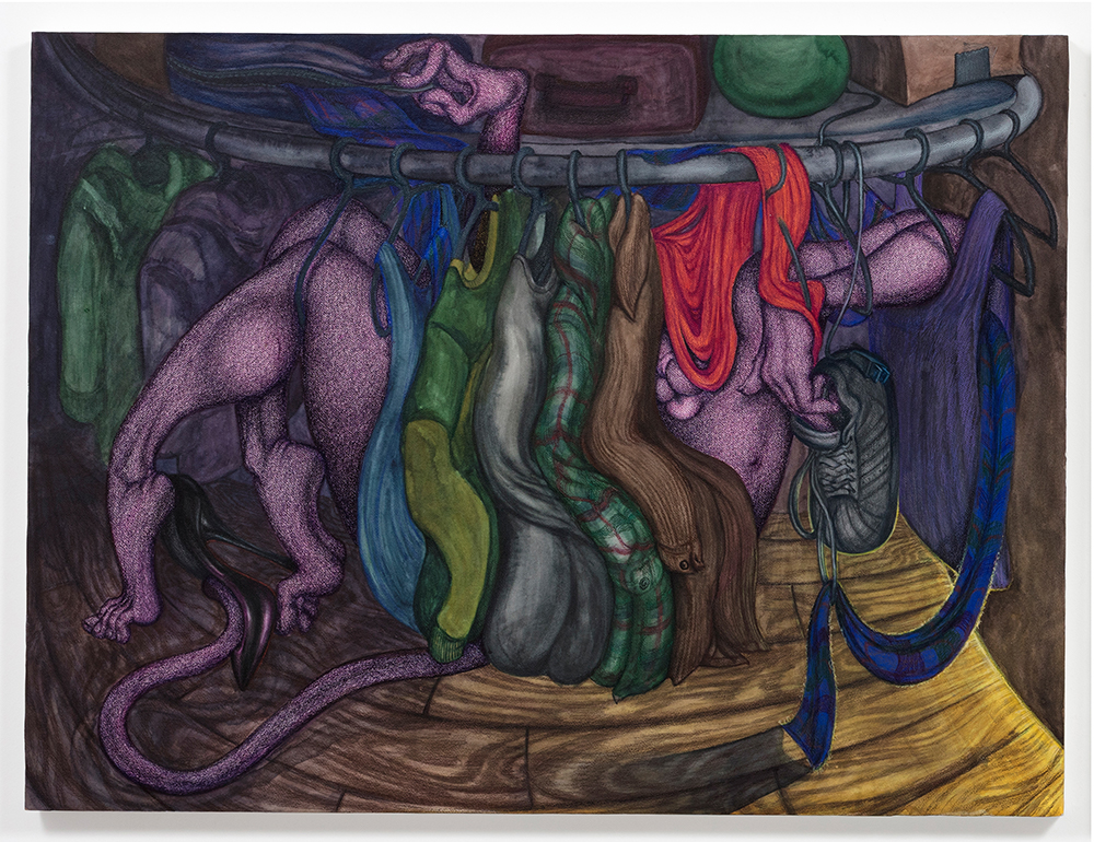 Adam Linn. <em>Full-length Wardrobe</em>, 2022. Colored pencil, crayon and watercolor on paper mounted on panel, 36 x 48 inches (91.4 x 121.9 cm)