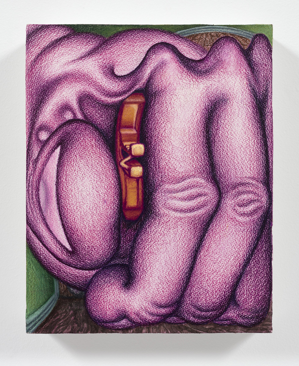 Adam Linn. <em>Full Frontal</em>, 2022. Colored pencil, crayon and watercolor on paper mounted on panel, 10 x 8 inches (25.4 x 20.3 cm)