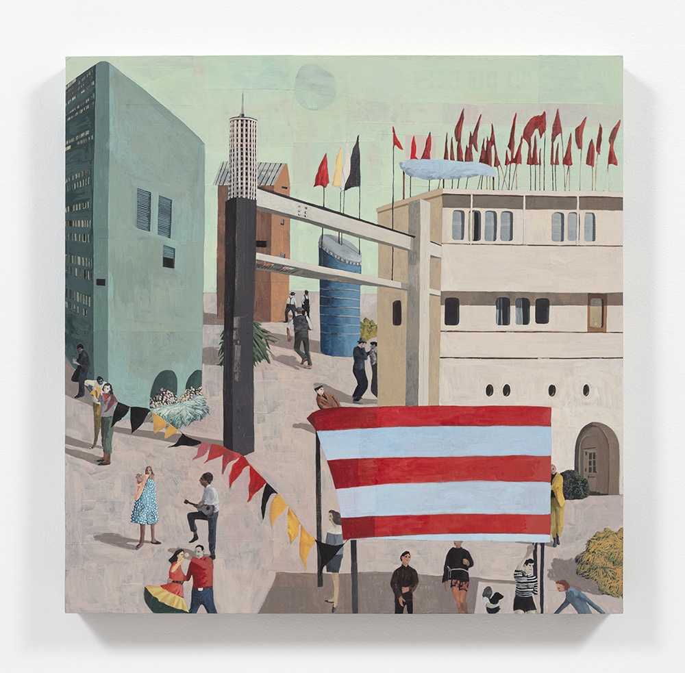 Hannah Morris. <em>Block Party</em>, 2023. Flashe and paper collage on panel, 24 x 24 inches (61 x 61 cm)