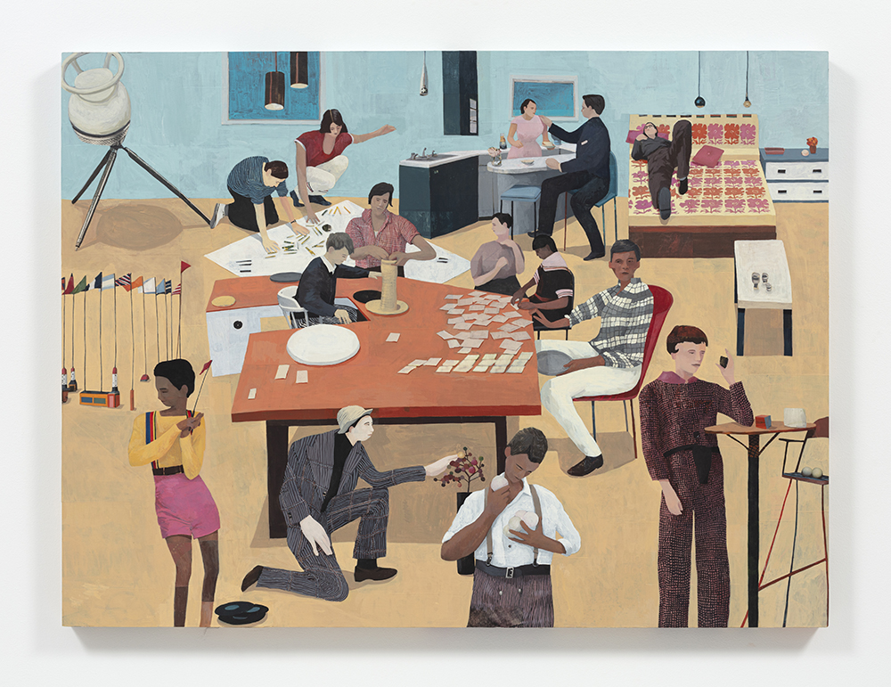Hannah Morris. <em>Cottage Industry</em>, 2022. Flashe and paper collage on panel, 36 x 48 inches  (91.4 x 121.9 cm)