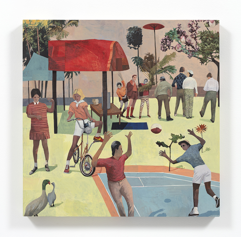 Hannah Morris. <em>Summer Camp</em>, 2023. Flashe and paper collage on panel, 24 x 24 inches (61 x 61 cm)