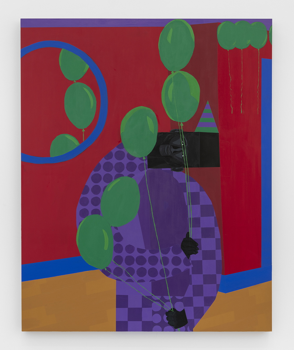 Jon Key. <em>Balloons Entangle Me</em>, 2023. Acrylic and oil on panel, 60 x 48 inches (152.4 x 121.9 cm)