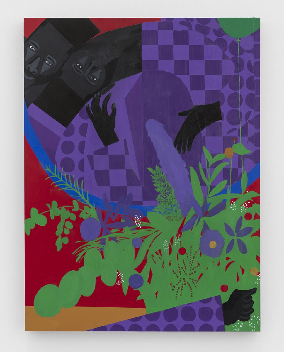 Jon Key. <em>Double Reflections with Flowers</em>, 2023. Acrylic and oil on panel, 40 x 30 inches  (101.6 x 76.2 cm)