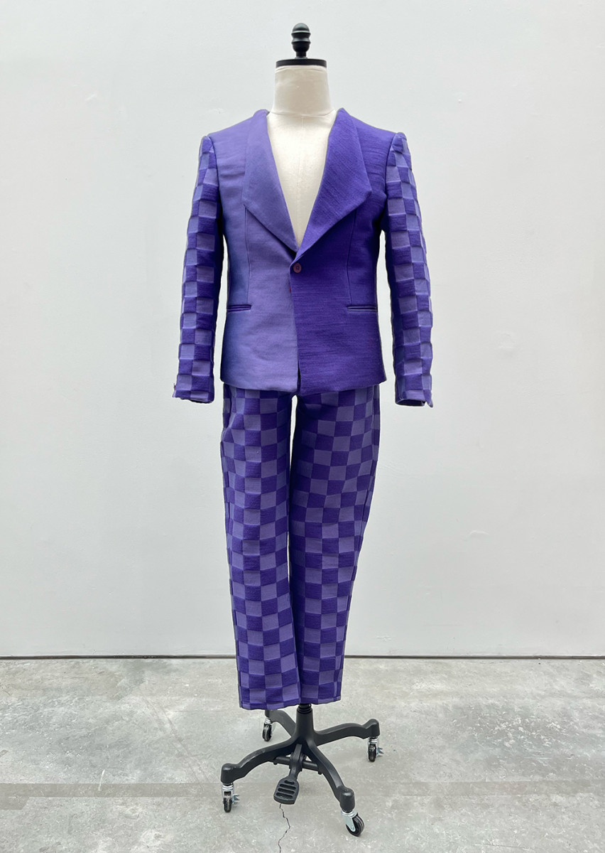 Jon Key. <em>Suit NO 4</em>, 2023. Jacquard woven wool and polyester, 55 x 23 x 9 inches (139.7 x 58.4 x 22.9 cm)