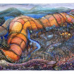 Kate Klingbeil. <em>Woolly Bear</em>, 2023. Acrylic, pigment, ceramic, asphalt, glass, vinyl paint, pumice, sand, garnet, rocks and micro plastics from Lake Michigan, found objects, and oil stick on canvas, 48 x 62 x 2 1/2 inches  (121.9 x 157.5 x 6.4 cm) thumbnail