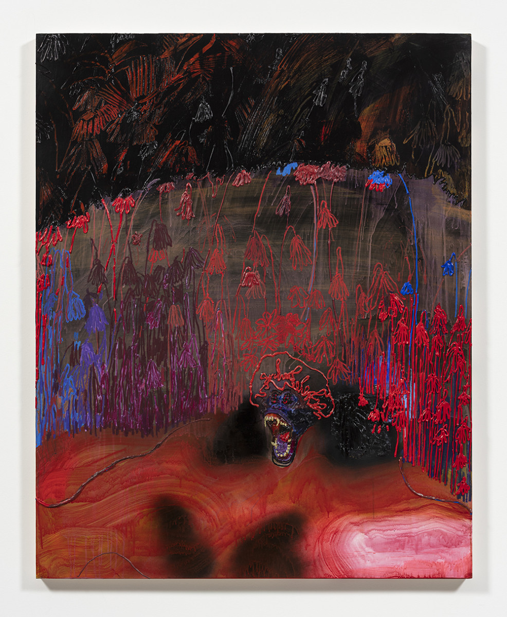 Bianca Fields. <em>when she is only here to adhere</em>, 2023. Acrylic, oil and spray paint on yupo paper mounted on panel, 60 x 48 inches (152.4 x 121.9 cm)