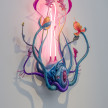 Vincent Cy Chen. <em>The Vessel</em>, 2023. Neon, acrylic gouache, feather, pigmented silicone, fiberglass, tinted resin, resin clay, epoxy, foam, steel, wood, hardware, and mineral spirits, 50 x 43 x 12 inches (127 x 109.2 x 30.5 cm) Detail thumbnail