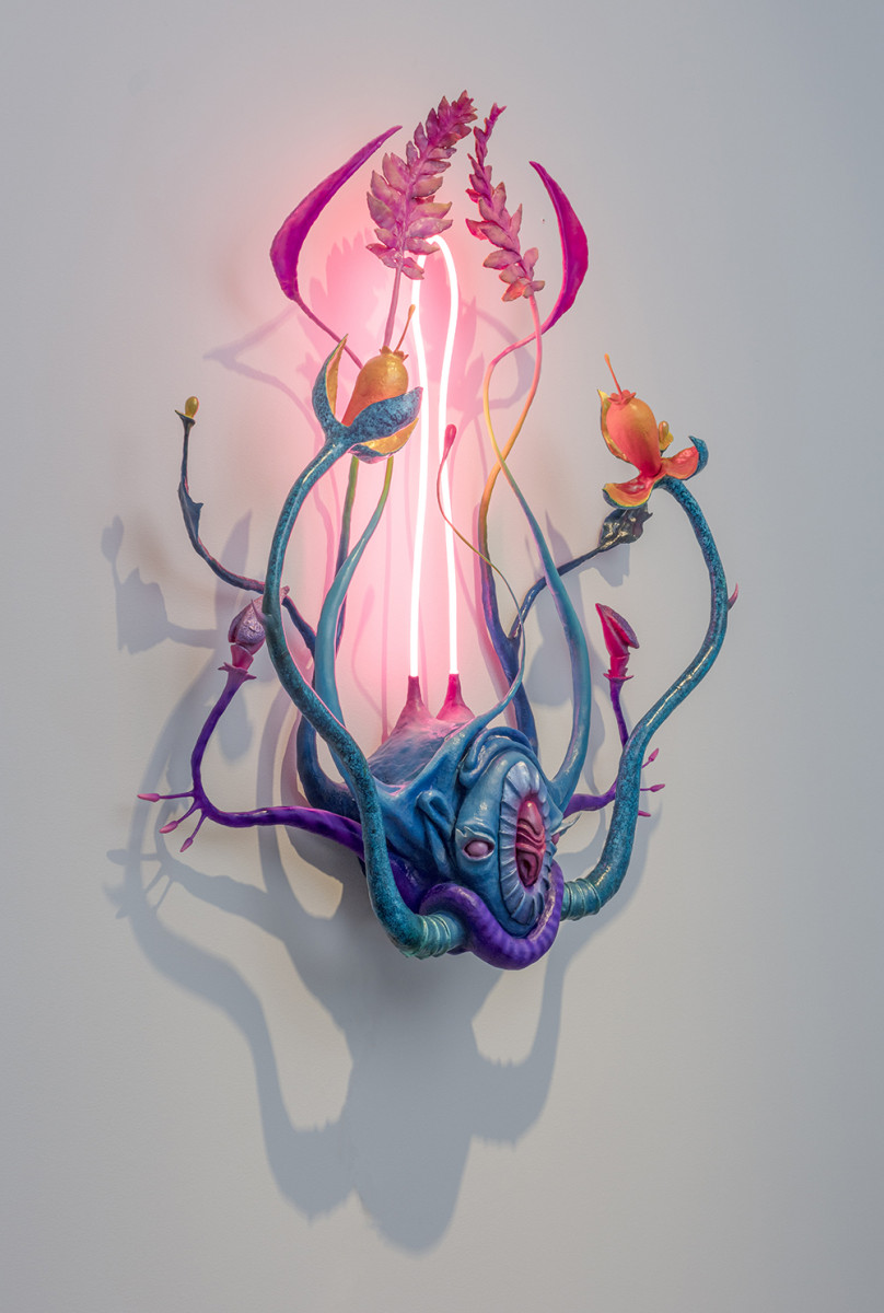 Vincent Cy Chen. <em>The Vessel</em>, 2023. Neon, acrylic gouache, feather, pigmented silicone, fiberglass, tinted resin, resin clay, epoxy, foam, steel, wood, hardware, and mineral spirits, 50 x 43 x 12 inches (127 x 109.2 x 30.5 cm) Detail