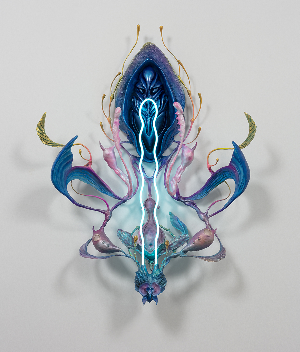 Vincent Cy Chen. <em>Primordial Conception</em>, 2023. Neon, acrylic gouache, feather, fiberglass, tinted resin, resin clay, epoxy, foam, steel, wood, hardware, and mineral spirits, 54 x 42 x 14 inches (137.2 x 106.7 x 35.6 cm)