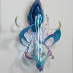 Vincent Cy Chen. <em>Primordial Conception</em>, 2023. Neon, acrylic gouache, feather, fiberglass, tinted resin, resin clay, epoxy, foam, steel, wood, hardware, and mineral spirits, 54 x 42 x 14 inches (137.2 x 106.7 x 35.6 cm) Detail