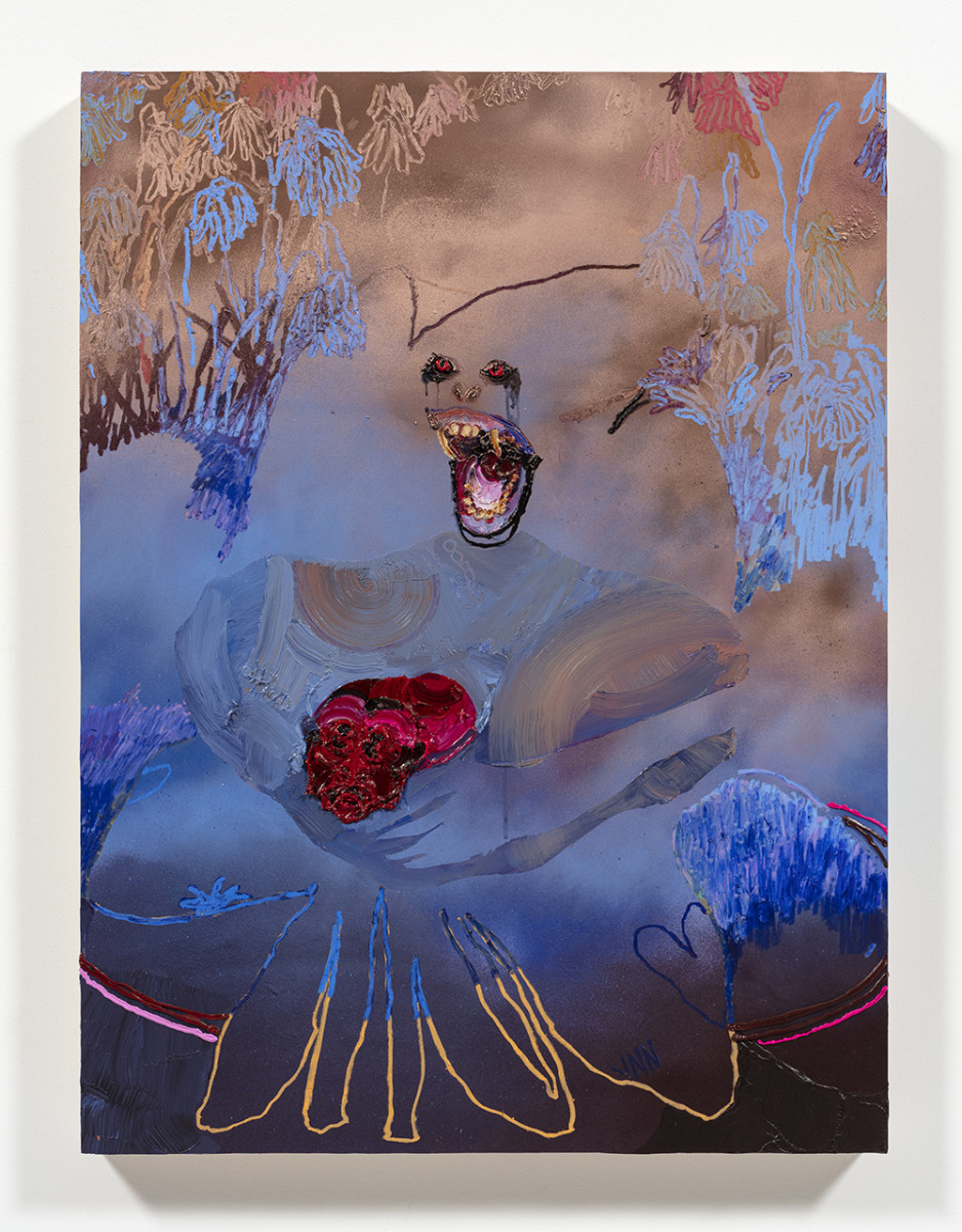 Bianca Fields. <em>Hooradia</em>, 2023. Acrylic, oil and spray paint on yupo paper mounted on panel, 40 x 30 inches (101.6 x 76.2 cm)