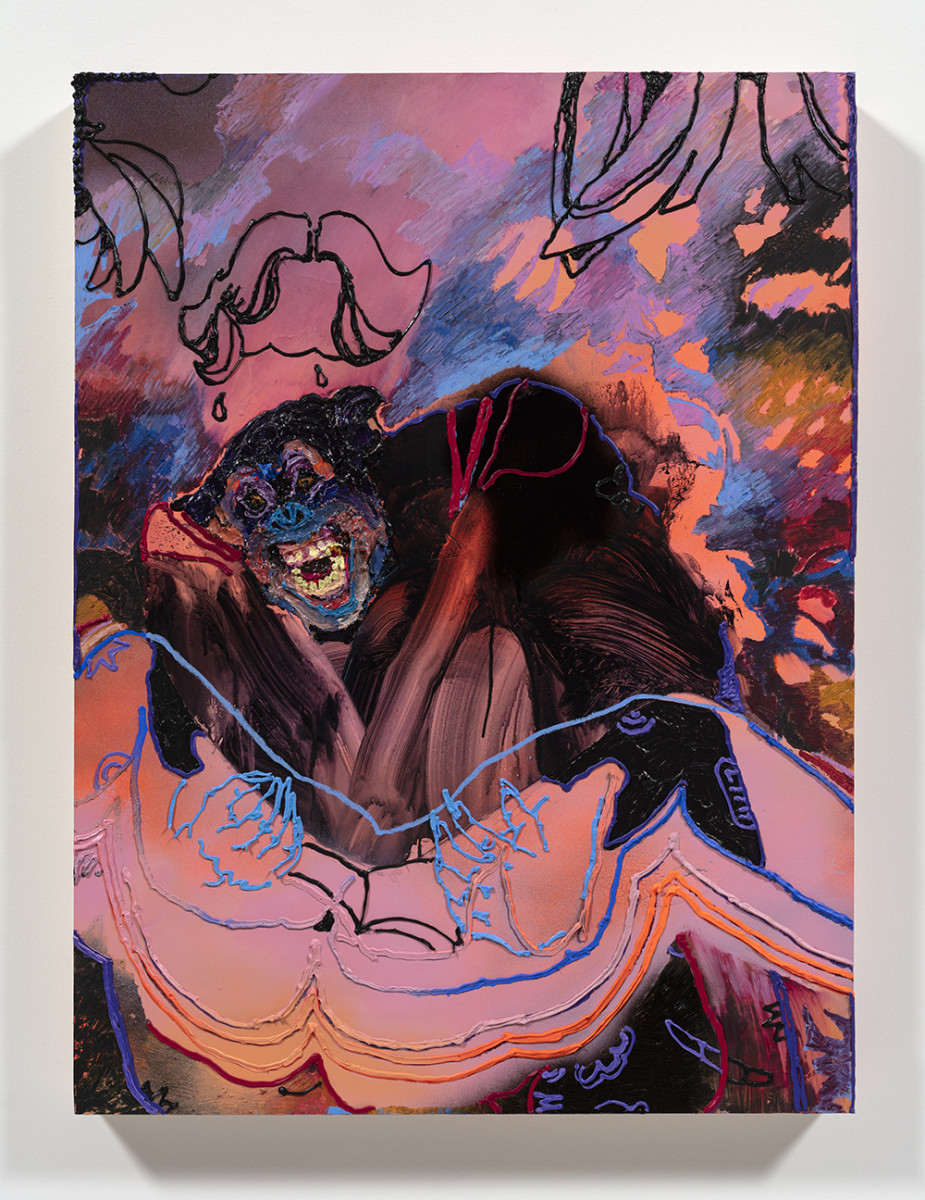 Bianca Fields. <em>Overbeardt</em>, 2023. Acrylic, oil and spray paint on yupo paper mounted on panel, 40 x 30 inches (101.6 x 76.2 cm)