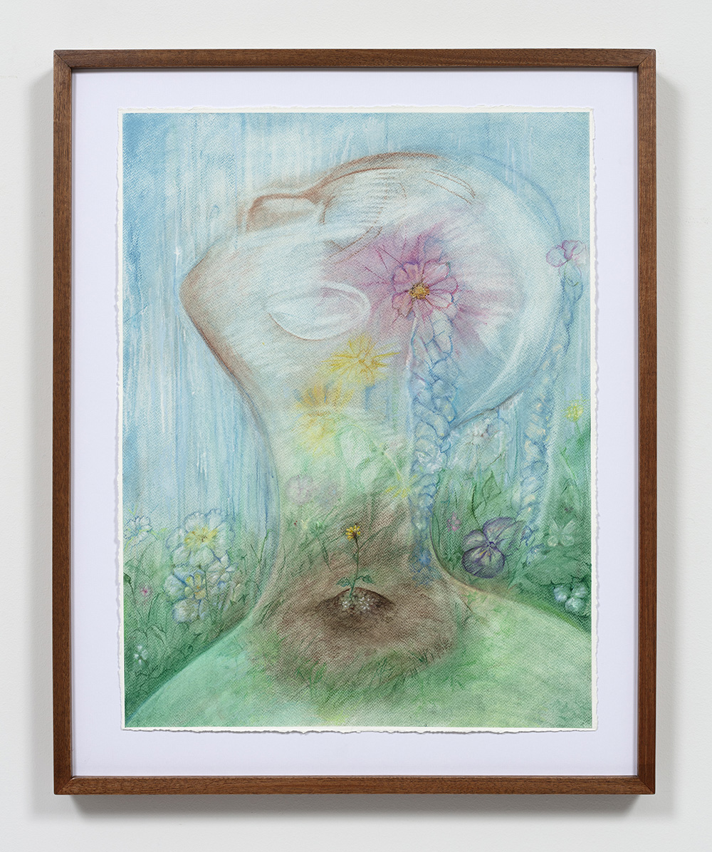 Skye Volmar. <em>a girl is a garden</em>, 2023. Chalk pastel, colored pencil, crayon, watercolor and a pressed flower on paper, 26 x 20 inches (66 x 50.8 cm) 31 1/4 x 25 1/2 inches  (79.4 x 64.8 cm) Framed