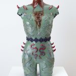 Becky Tucker. <em>Chamber</em>, 2023. Glazed stoneware and faux suede, 30 3/4 x 17 3/8 x 9 7/8 inches  (78 x 44 x 25 cm)