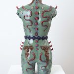 Becky Tucker. <em>Chamber</em>, 2023. Glazed stoneware and faux suede, 30 3/4 x 17 3/8 x 9 7/8 inches  (78 x 44 x 25 cm)