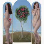 Natalia Gonzalez Martin. <em>It wasn’t even that good</em>, 2023. Oil on panel, Dimensions variable, left and right panel are 63 x 11 3/4 inches 160 x 30 cm) and middle panel is 63 x 23 5/8 inches  (160 x 60 cm)
