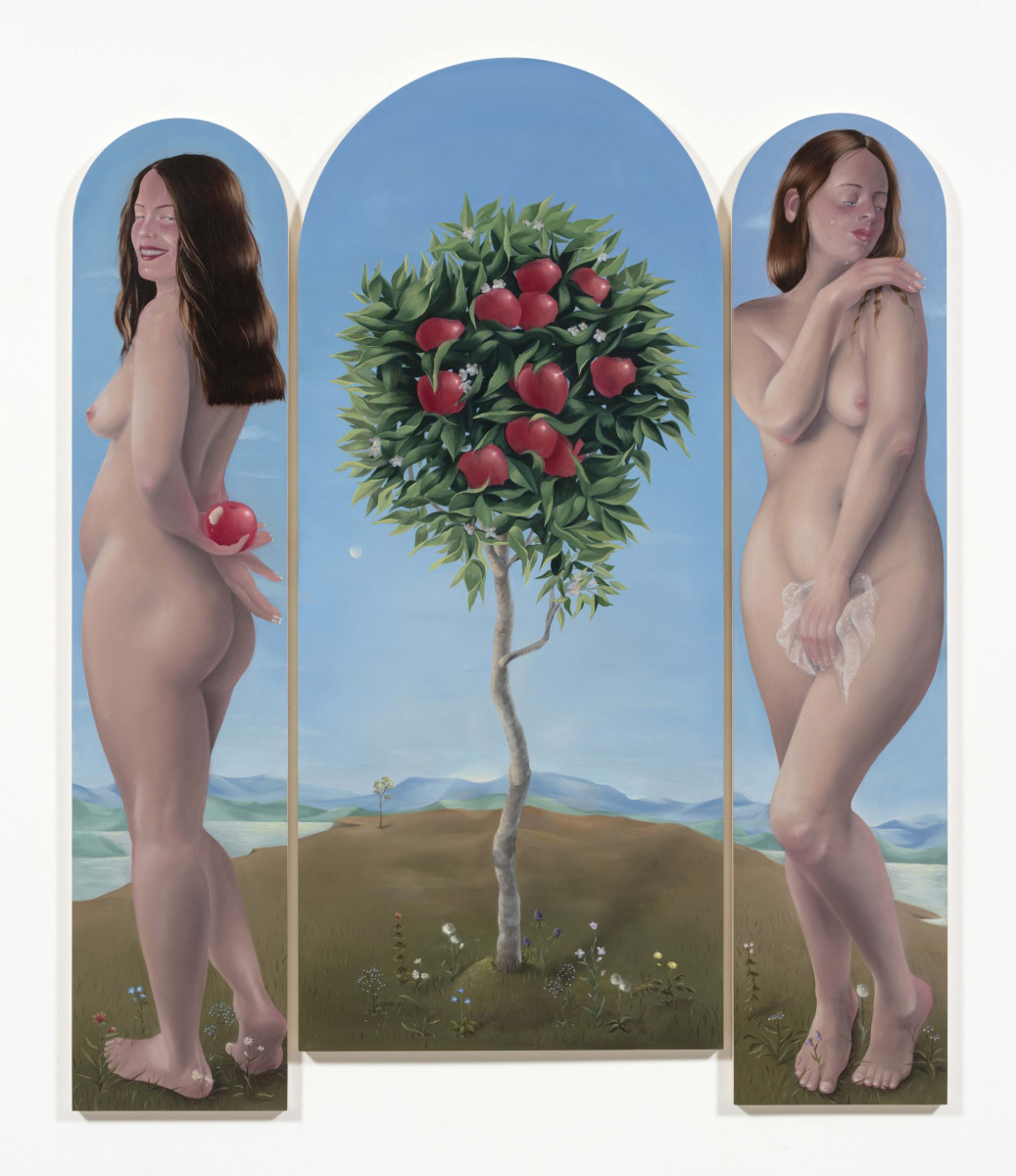 Natalia Gonzalez Martin. <em>It wasn't even that good</em>, 2023. Oil on panel, Dimensions variable, left and right panel are 63 x 11 3/4 inches 160 x 30 cm) and middle panel is 63 x 23 5/8 inches  (160 x 60 cm)