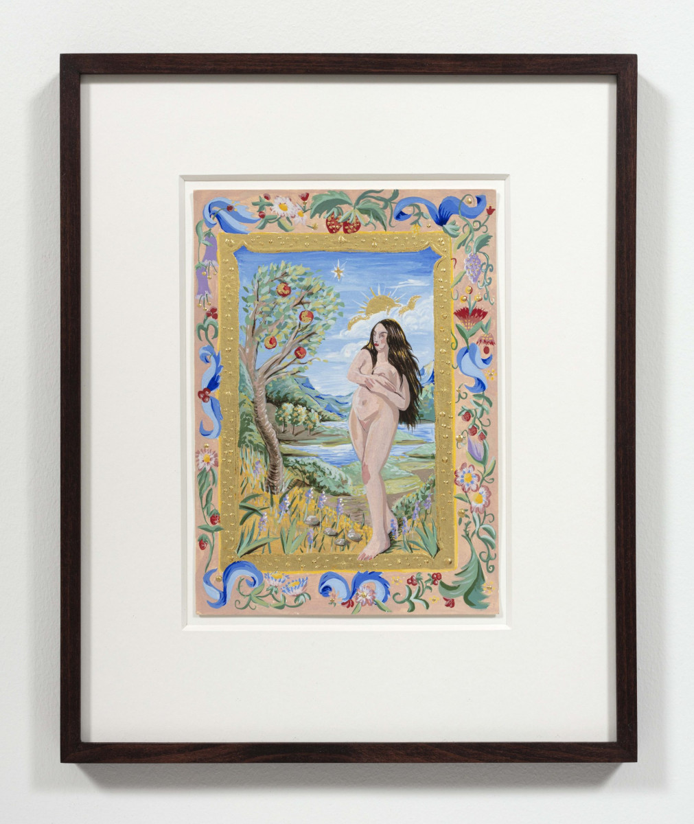 Natalia Gonzalez Martin. <em>Escenas del Paraiso II</em>, 2023. Tempera and gold leaf on paper, 8 1/4 x 5 1/2 inches (21 x 14 cm) 13 1/4 x 10 5/8 inches  (33.5 x 27 cm) Framed