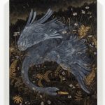 Tuesday Riddell. <em>Swan</em>, 2020. Gold leaf, silver leaf, lustre powder, gold powder and paint on japanned panel, 29 7/8 x 24 inches (76 x 61 cm)