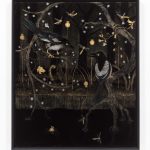 Tuesday Riddell. <em>Midnight Magpies</em>, 2021. Gold leaf, silver leaf, lustre powder, gold powder and paint on japanned panel, 23 5/8 x 20 1/8 inches  (60 x 51 cm) 26 x 22 1/2 inches  (66 x 57 cm) Framed