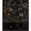 Tuesday Riddell. <em>Midnight Magpies</em>, 2021. Gold leaf, silver leaf, lustre powder, gold powder and paint on japanned panel, 23 5/8 x 20 1/8 inches  (60 x 51 cm) 26 x 22 1/2 inches  (66 x 57 cm) Framed thumbnail