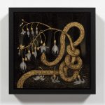 Tuesday Riddell. <em>Fuchsia Snake</em>, 2022. Gold leaf, silver leaf, lustre powder, gold powder and paint on japanned panel, 10 x 10 inches  (25.5 x 25.5 cm) 12 3/8 x 12 3/8 inches  (31.5 x 31.5 cm) Framed