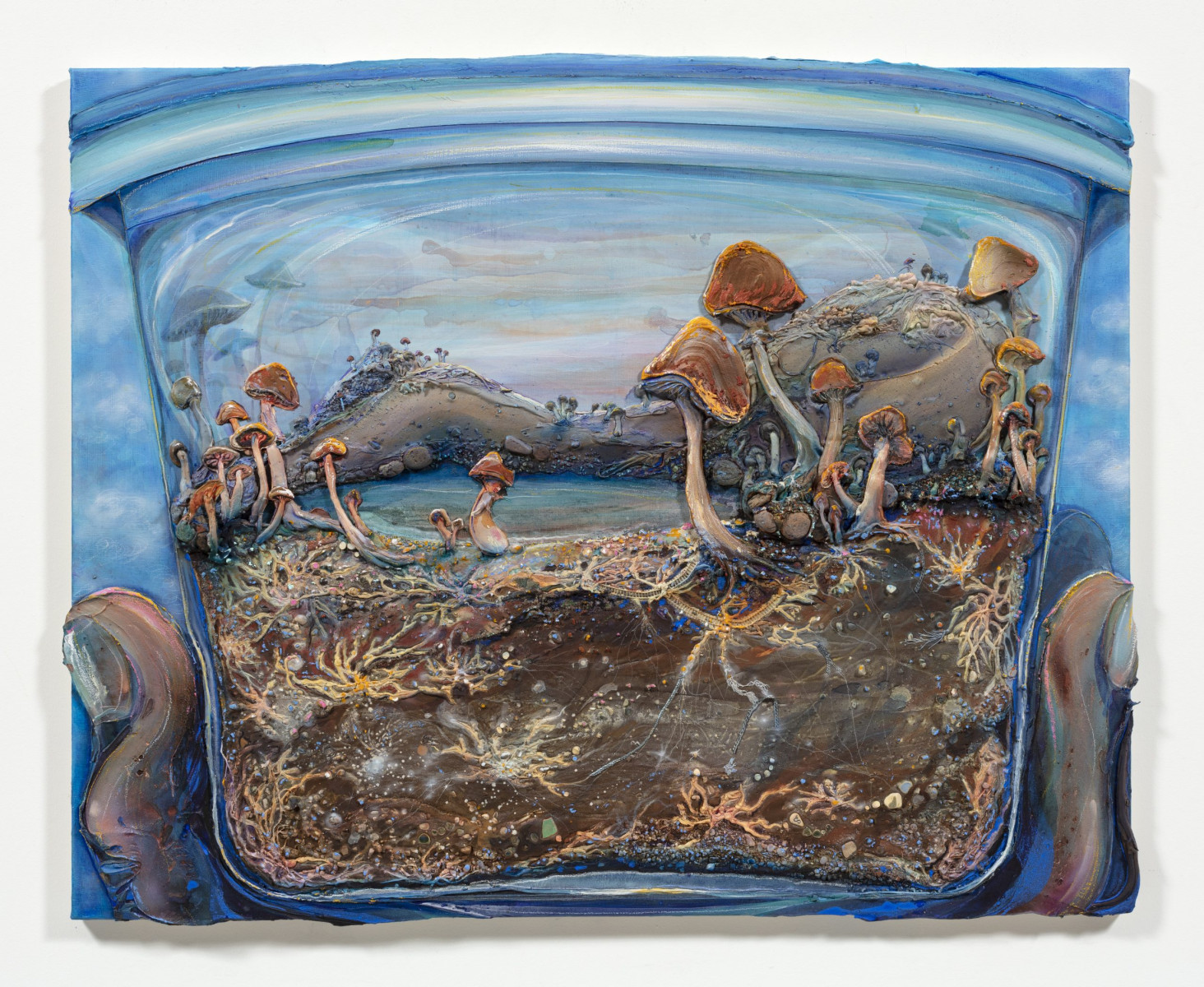 Kate Klingbeil. <em>Fruiting Body</em>, 2023. Acrylic, pigment, vinyl paint, pumice, glass beads, rocks, sand, and ceramic pieces from Lake Michigan and oil stick on canvas, 41 x 51 x 3 inches (104.1 x 129.5 x 7.6 cm)
