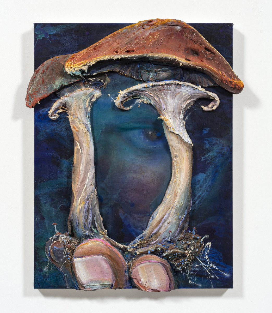 Kate Klingbeil. <em>Heal Me</em>, 2023. Acrylic, pigment, vinyl paint, rocks from Lake Michigan and oil stick on canvas, 41 x 33 1/4 x 3 inches (104.1 x 84.5 x 7.6 cm)