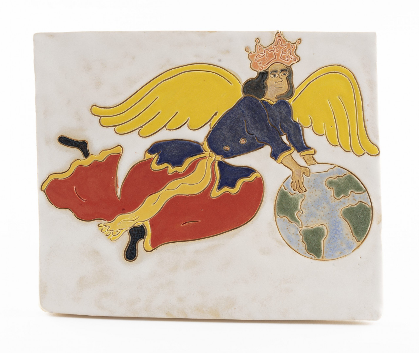 Kevin McNamee-Tweed. <em>Angel Carrying Planet</em>, 2023. Glazed ceramic, 6 1/2 x 7 5/8 inches  (16.5 x 19.4 cm)