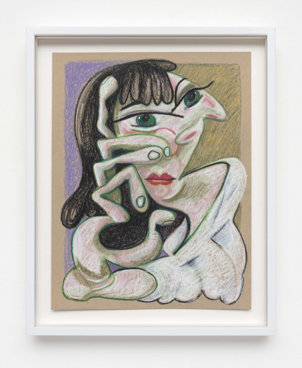 Robert Pokorny. <em>Charlene Sharese (Variation on Picasso's Marie Thérèse Leaning</em>, 1939), 2019. Crayon on Muscletone, 11 x 8 1/2 inches  (27.9 x 21.6 cm), 12 1/2 x 10 inches  (31.8 x 25.4 cm) Framed