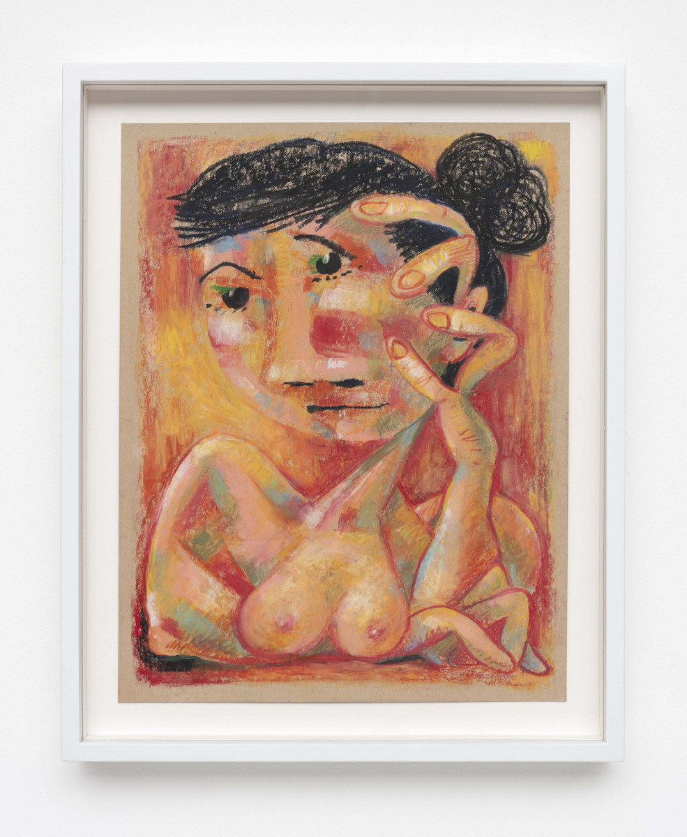 Robert Pokorny. <em>Woman with Hand on Face (Daydreamer)</em>, 2018. Crayon on Muscletone, 11 x 8 1/2 inches  (27.9 x 21.6 cm), 12 1/2 x 10 inches  (31.8 x 25.4 cm) Framed