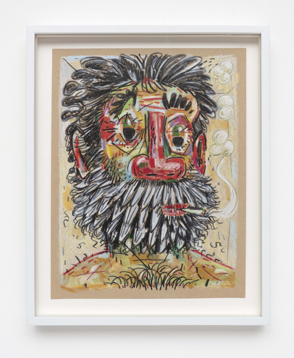 Robert Pokorny. <em>Head of a Bearded Man Smoking a J</em>, 2022. Crayon on Muscletone, 11 x 8 1/2 inches  (27.9 x 21.6 cm), 12 1/2 x 10 inches  (31.8 x 25.4 cm) Framed