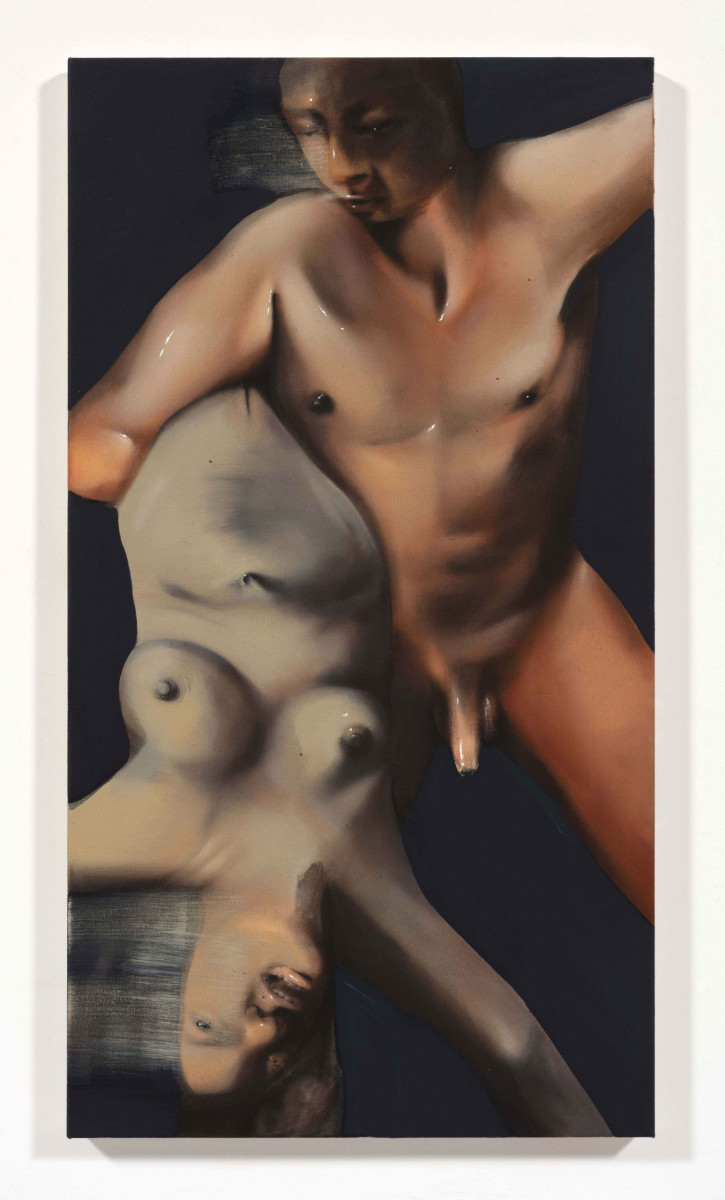 Elsa Rouy. <em>Masculin, Feminin</em>, 2023. Ink, acrylic and charcoal on canvas, 47 1/4 x 25 1/2 inches  (120 x 64.8 cm)