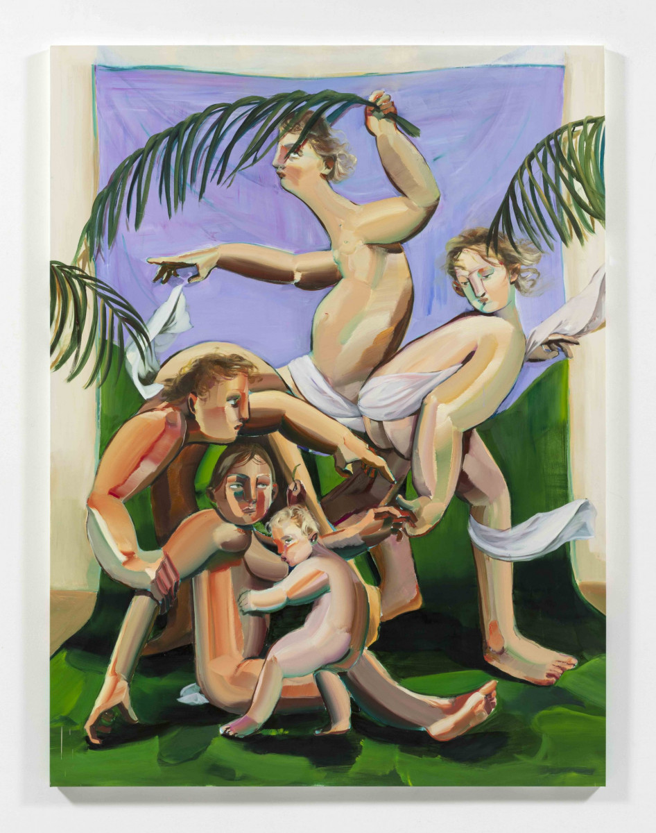 Luca Sára Rózsa. <em>Statues of Birth, Life, Death and Birth Again</em>, 2023. Oil on canvas, 80 3/4 x 60 5/8 inches  (205 x 154 cm)