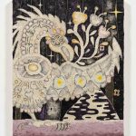 Omar Mendoza. <em>Ojo de piedra</em>, 2023. Muitle, palo brasil, zacatlaxcalli, jonote, quina, charcoal, curcoma, beet, cempasúchil, beeswax, on cotton on canvas, 35 x 28 inches  (88.9 x 71.1 cm)