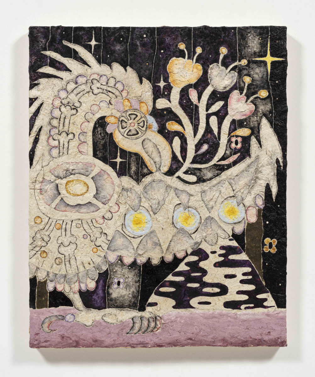 Omar Mendoza. <em>Ojo de piedra</em>, 2023. Muitle, palo brasil, zacatlaxcalli, jonote, quina, charcoal, curcoma, beet, cempasúchil, beeswax, on cotton on canvas, 35 x 28 inches  (88.9 x 71.1 cm)